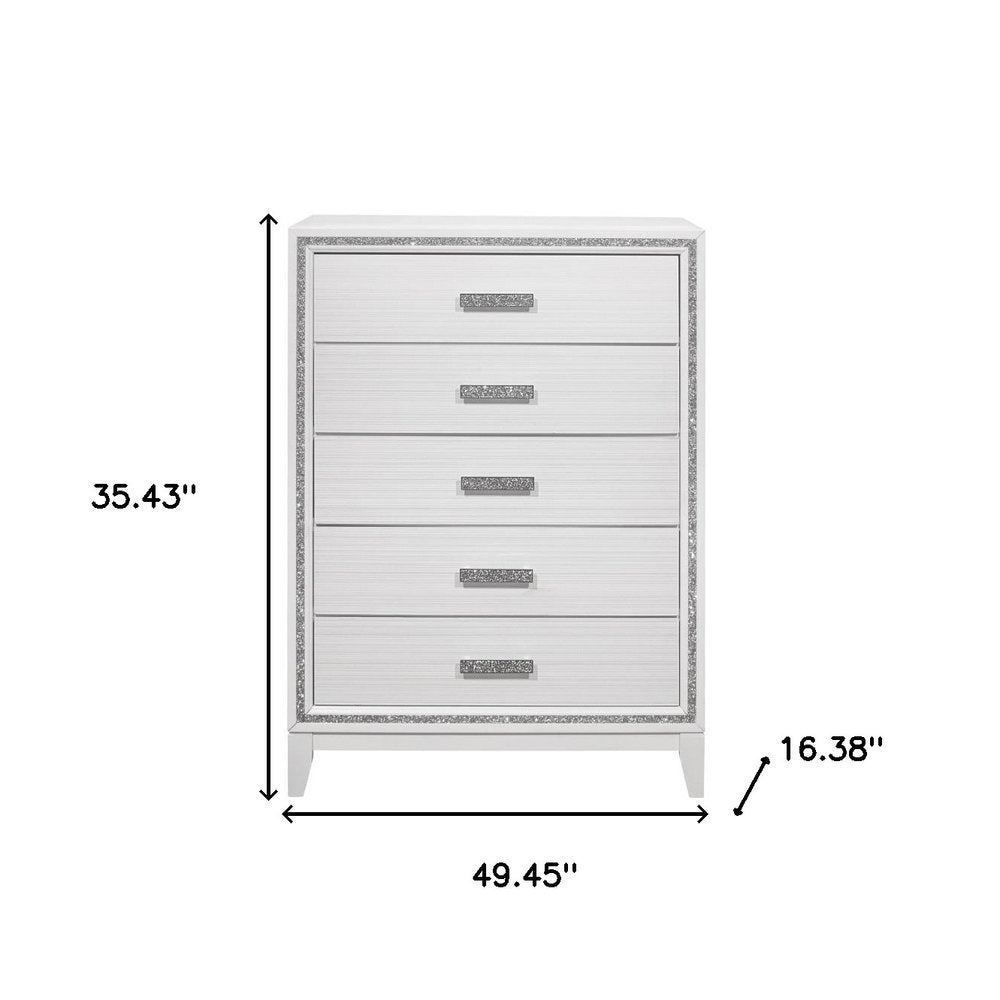 49" White And Silver And Faux Wood And Crystal Bling Lighted Five Drawer Dresser