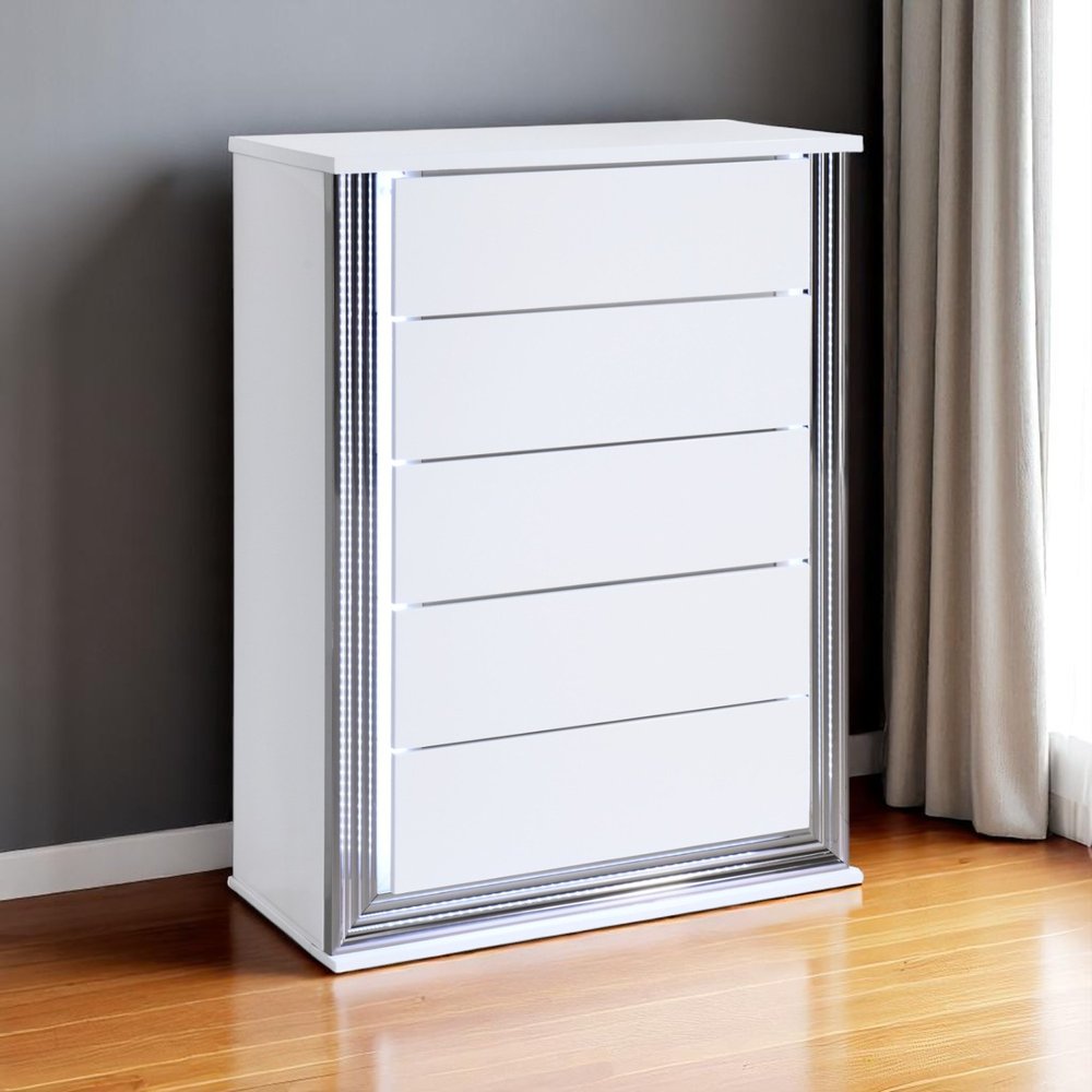 49" White Wood Lighted Five Drawer Dresser