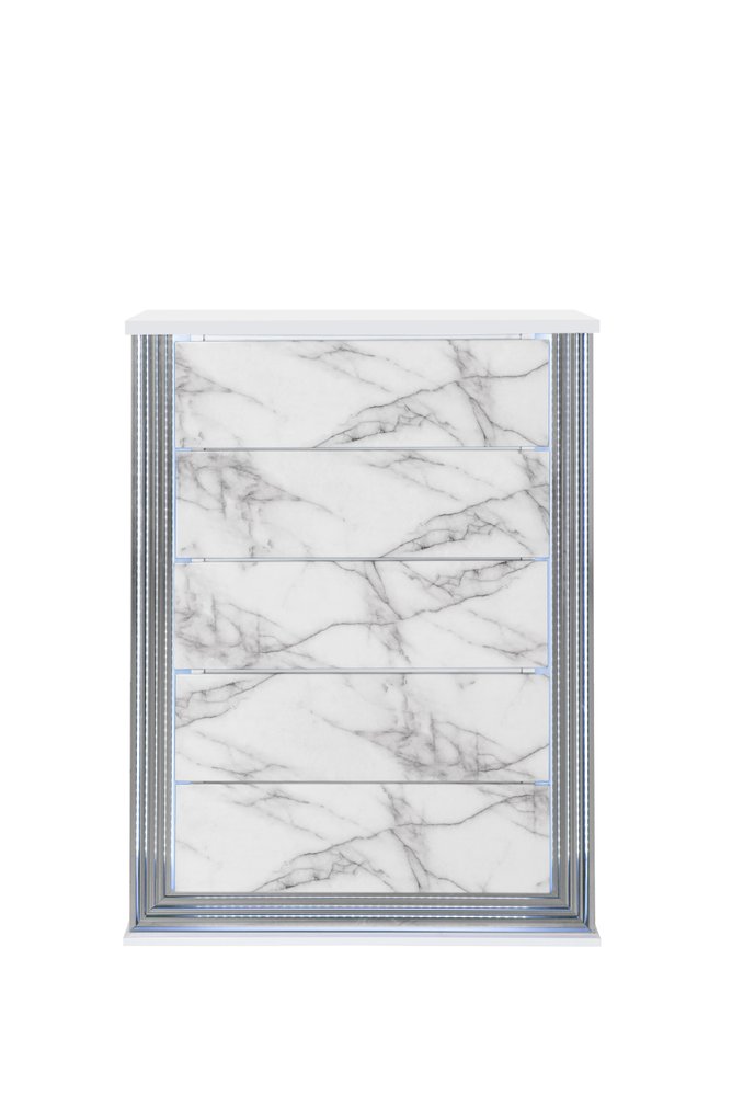 49" Silver And White Wood Faux Marble Lighted Five Drawer Dresser