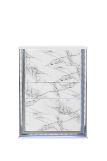 49" Silver And White Wood Faux Marble Lighted Five Drawer Dresser