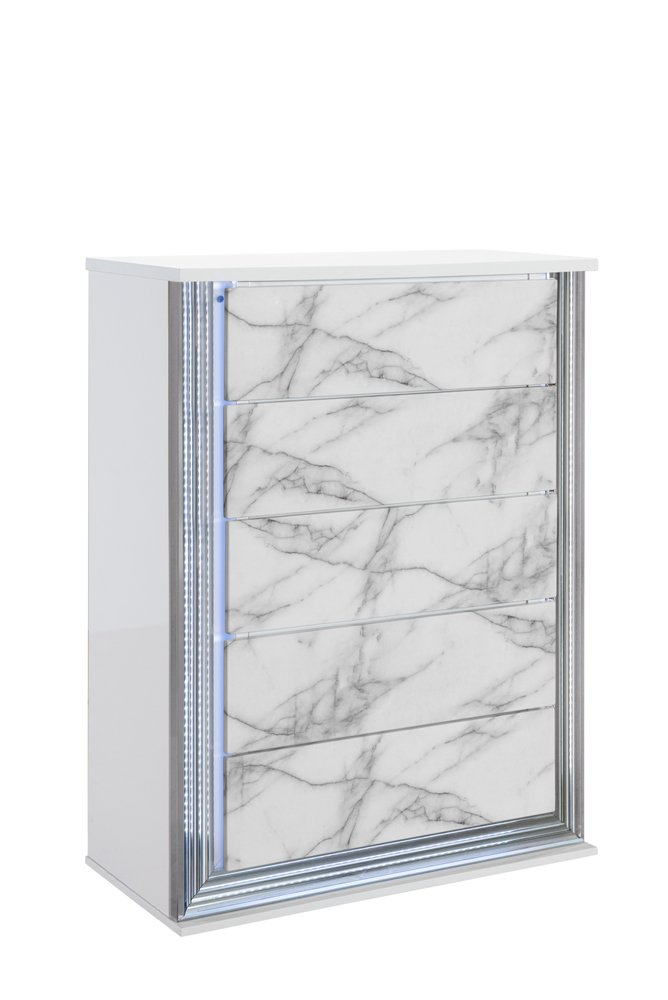 49" Silver And White Wood Faux Marble Lighted Five Drawer Dresser