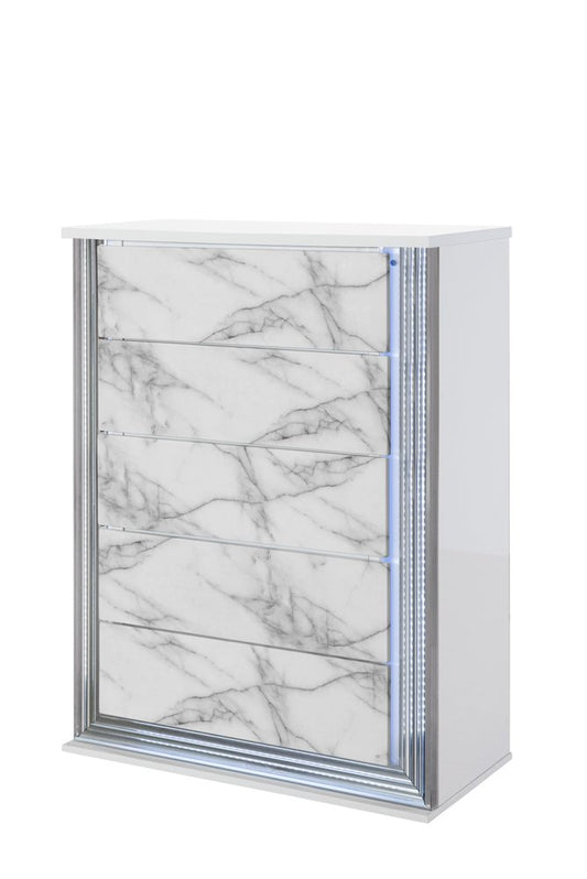 49" Silver And White Wood Faux Marble Lighted Five Drawer Dresser