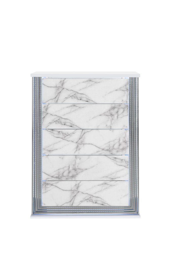 49" Silver And White Wood Faux Marble Lighted Five Drawer Dresser