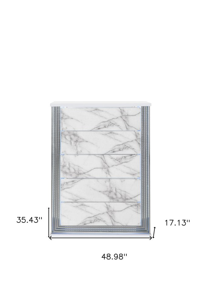 49" Silver And White Wood Faux Marble Lighted Five Drawer Dresser