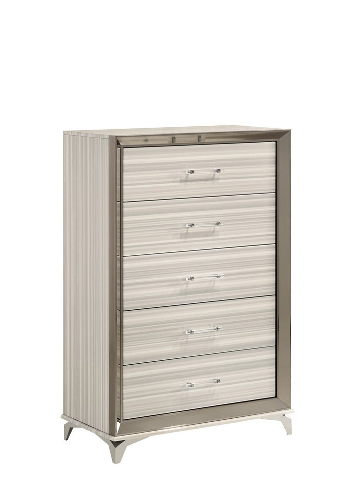 53" Beige And White Wood Lighted Five Drawer Dresser