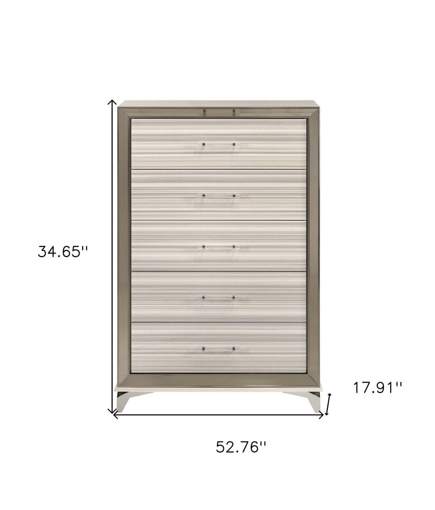 53" Beige And White Wood Lighted Five Drawer Dresser