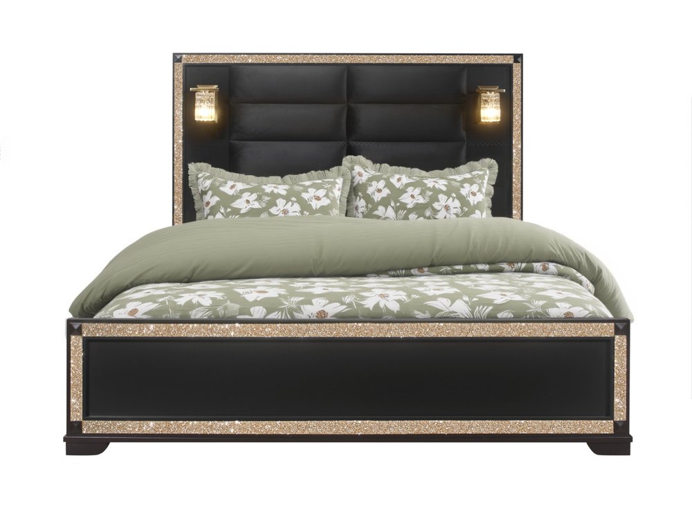Black Faux Crystal Bling Wood And Upholstery Lighted King Bed Frame