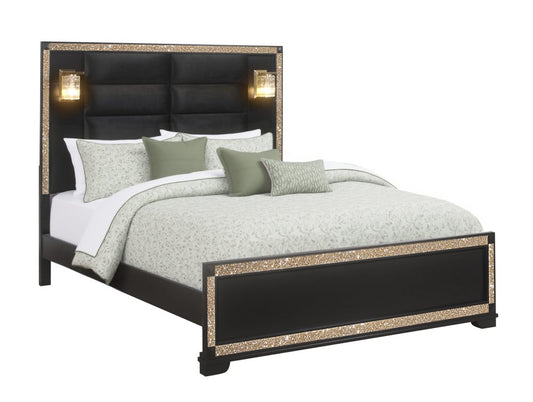 Black Faux Crystal Bling Wood And Upholstery Lighted King Bed Frame