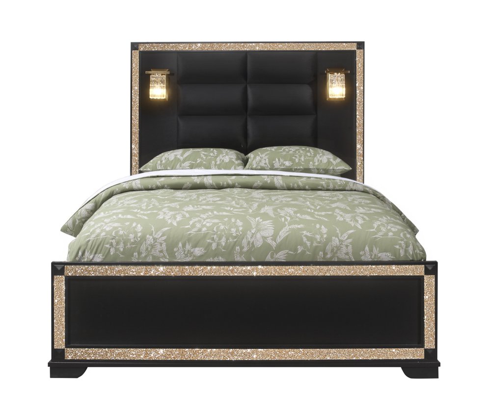 Black Faux Crystal Bling Wood And Upholstery Lighted Queen Bed Frame