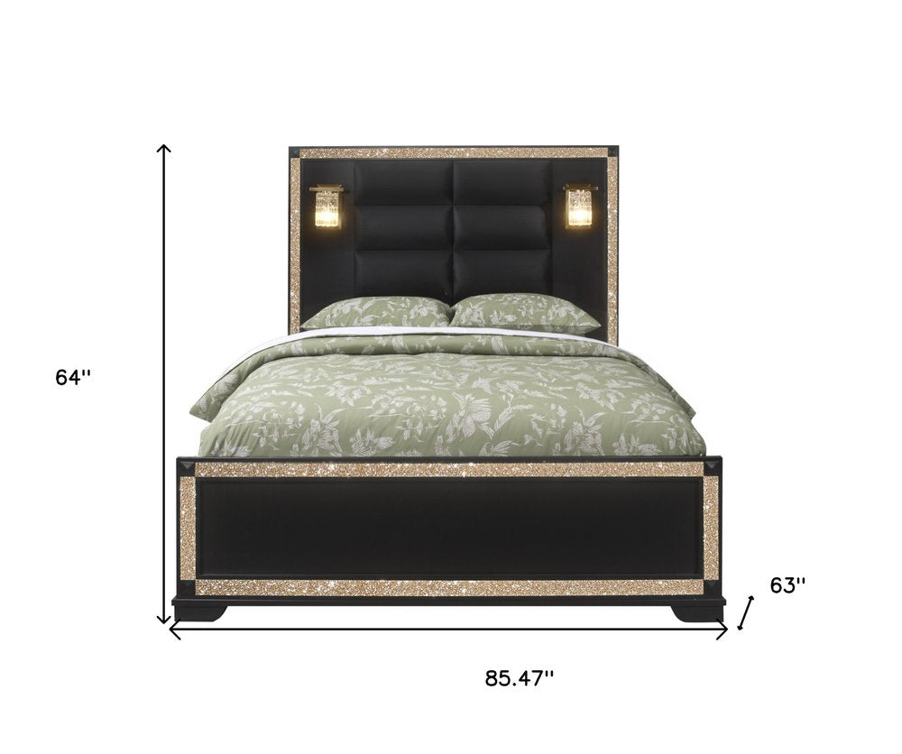 Black Faux Crystal Bling Wood And Upholstery Lighted Queen Bed Frame