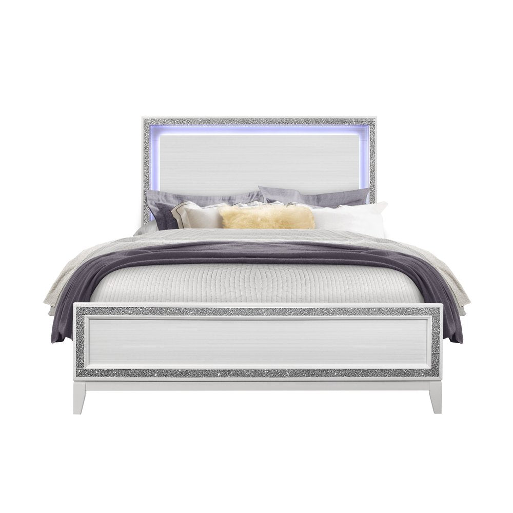 Silver and White Faux Crystal Bling Wood Lighted Full Bed Frame