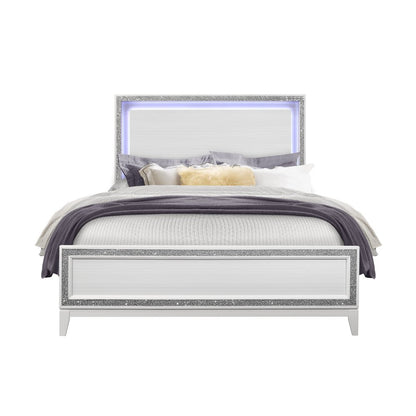 Silver and White Faux Crystal Bling Wood Lighted Full Bed Frame