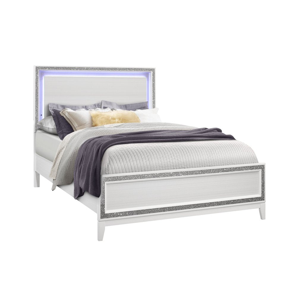 Silver and White Faux Crystal Bling Wood Lighted Full Bed Frame