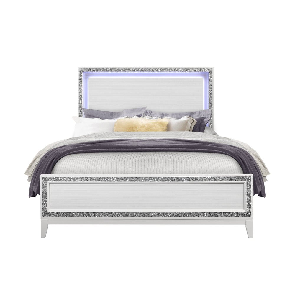 Silver and White Faux Crystal Bling Wood Lighted Full Bed Frame