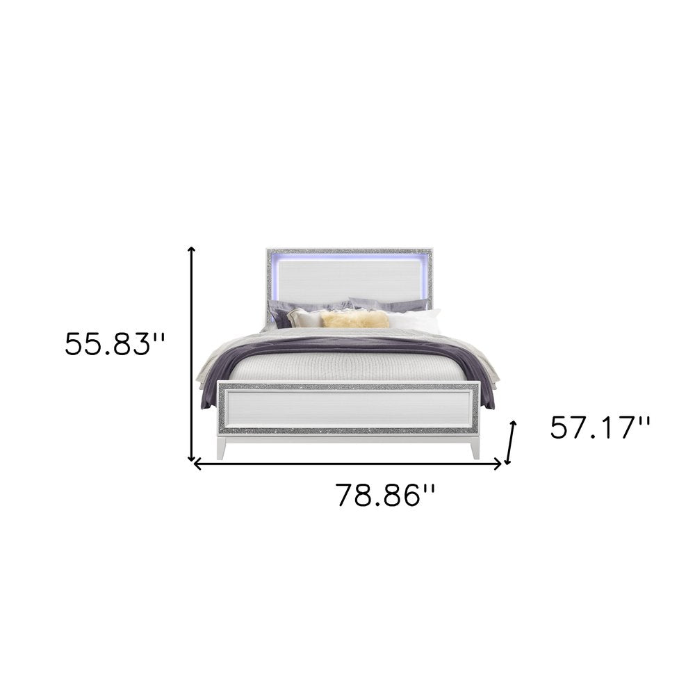 Silver and White Faux Crystal Bling Wood Lighted Full Bed Frame