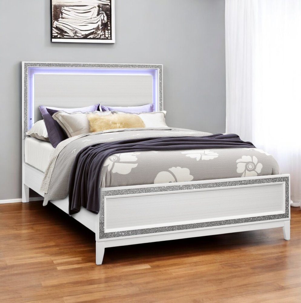 White Faux Crystal Bling Lighted Queen Bed Frame