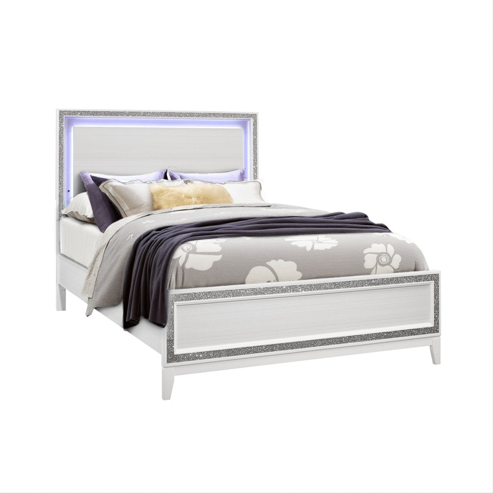 White Faux Crystal Bling Lighted Queen Bed Frame
