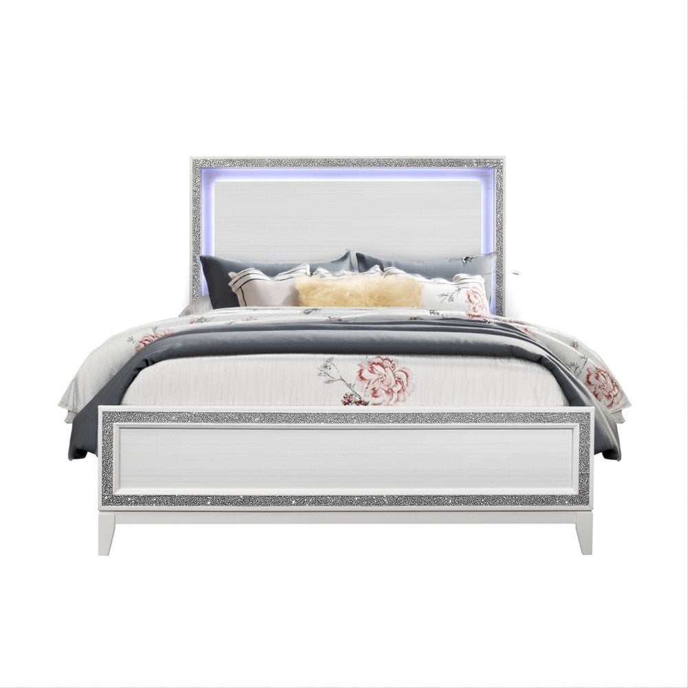 White Faux Crystal Bling Lighted Queen Bed Frame