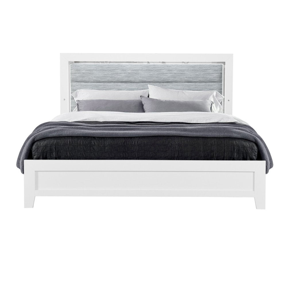 White and Light Gray Ribbed Texture Wood And Upholstery Lighted Full Bed Frame