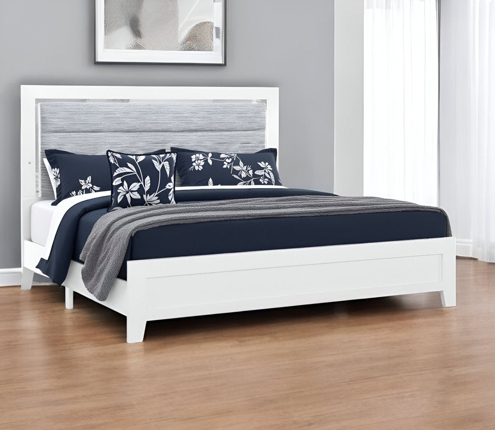 White and Light Gray Ribbed Texture Wood And Upholstery Lighted Queen Bed Frame