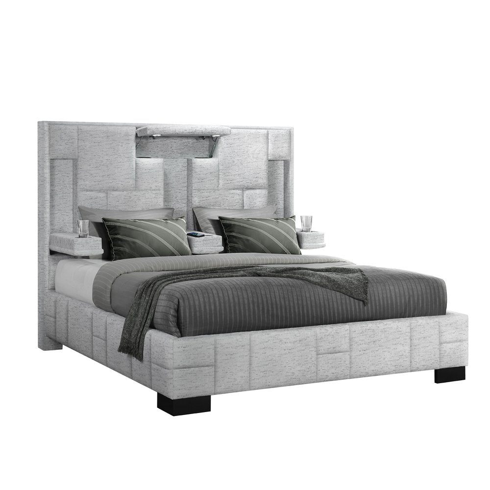 Gray Tufted Upholstery Lighted King Bed Frame