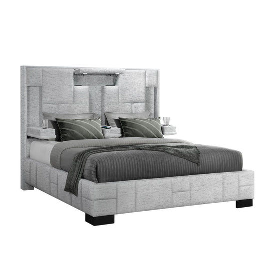 Gray Tufted Upholstery Lighted King Bed Frame