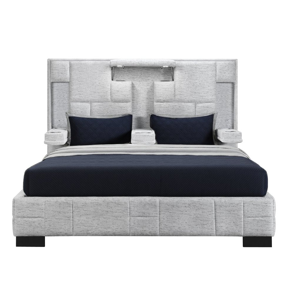 Black and Gray And Upholstered Lighted Queen Bed Frame with USB