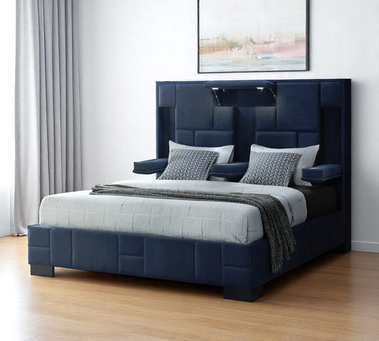 Navy Blue Tufted Upholstered Lighted King Bed Frame