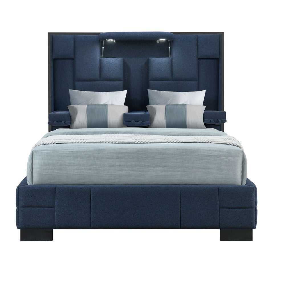 Navy Blue Tufted Upholstered Lighted King Bed Frame