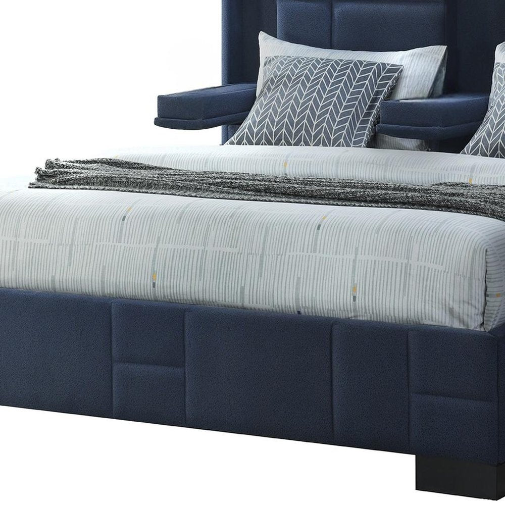 Navy Blue Tufted Upholstered Lighted King Bed Frame