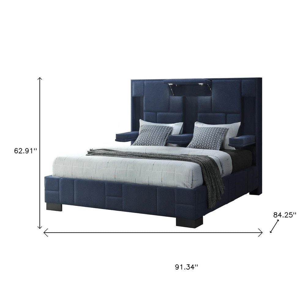 Navy Blue Tufted Upholstered Lighted King Bed Frame