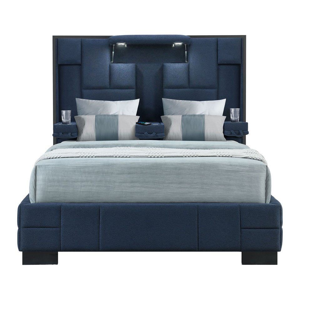 Navy Blue And Upholstered Lighted Queen Bed Frame with USB