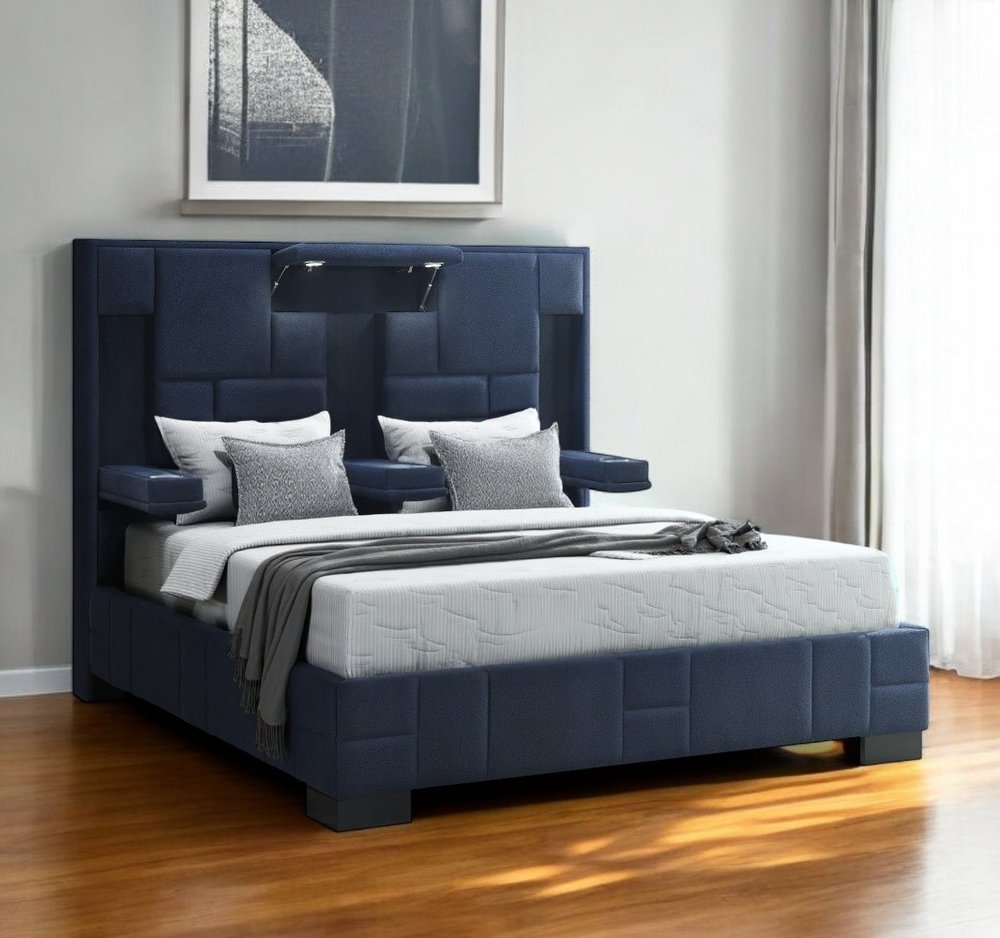 Navy Blue And Upholstered Lighted Queen Bed Frame with USB