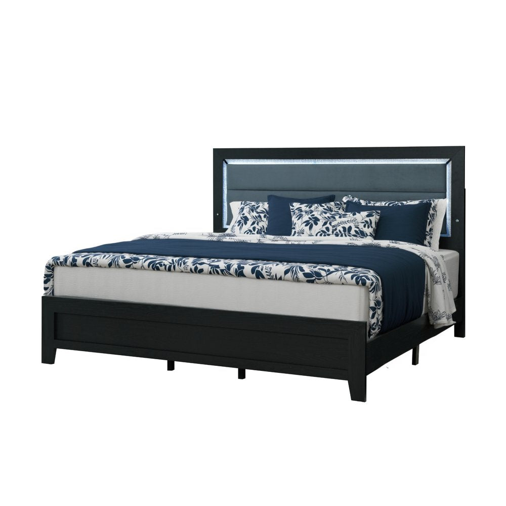 Black and Gray Wood And Velvet Lighted King Bed Frame