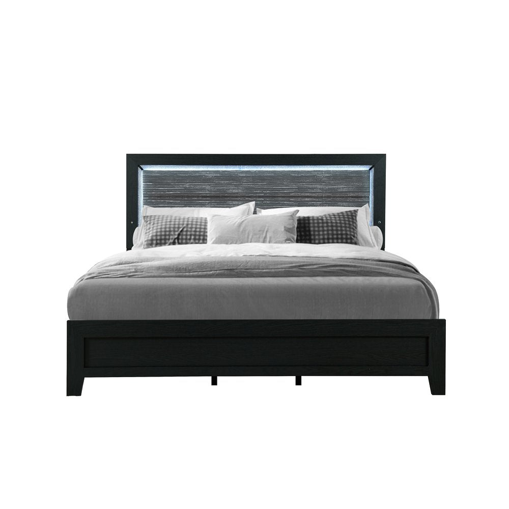 Black and Gray Wood And Velvet Lighted King Bed Frame