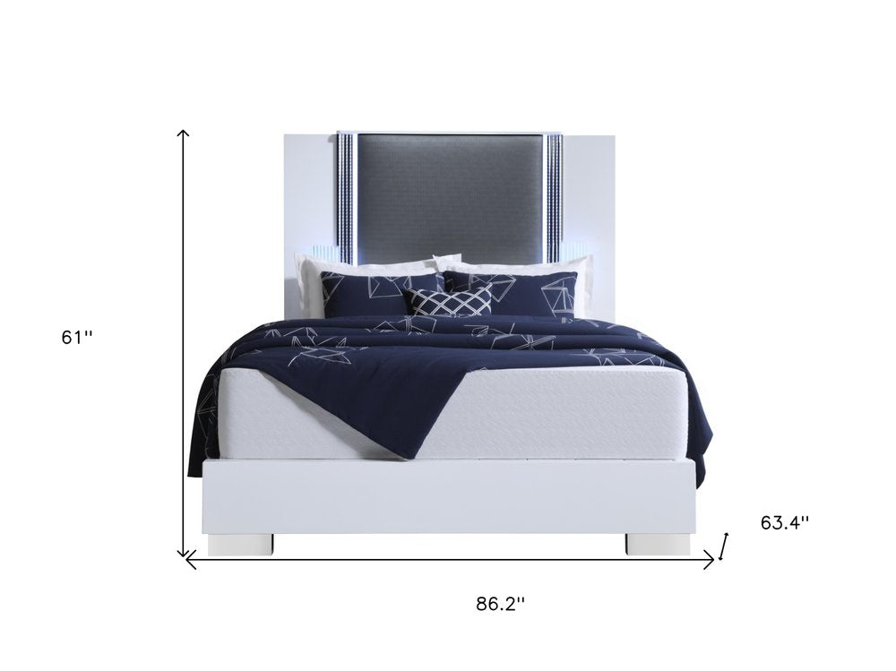 White and Gray Wood And Faux Leather Lighted Queen Bed Frame