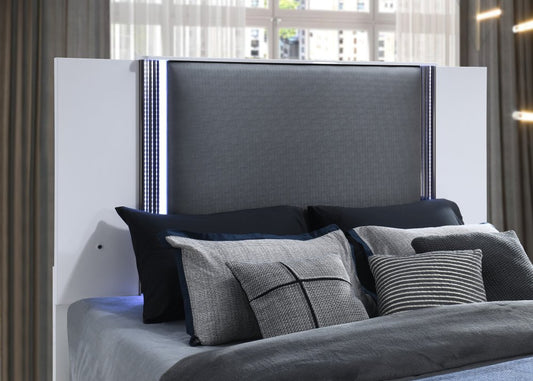 White and Gray Wood And Faux Leather Lighted Queen Bed Frame