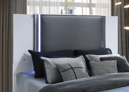 White and Gray Wood And Faux Leather Lighted Queen Bed Frame