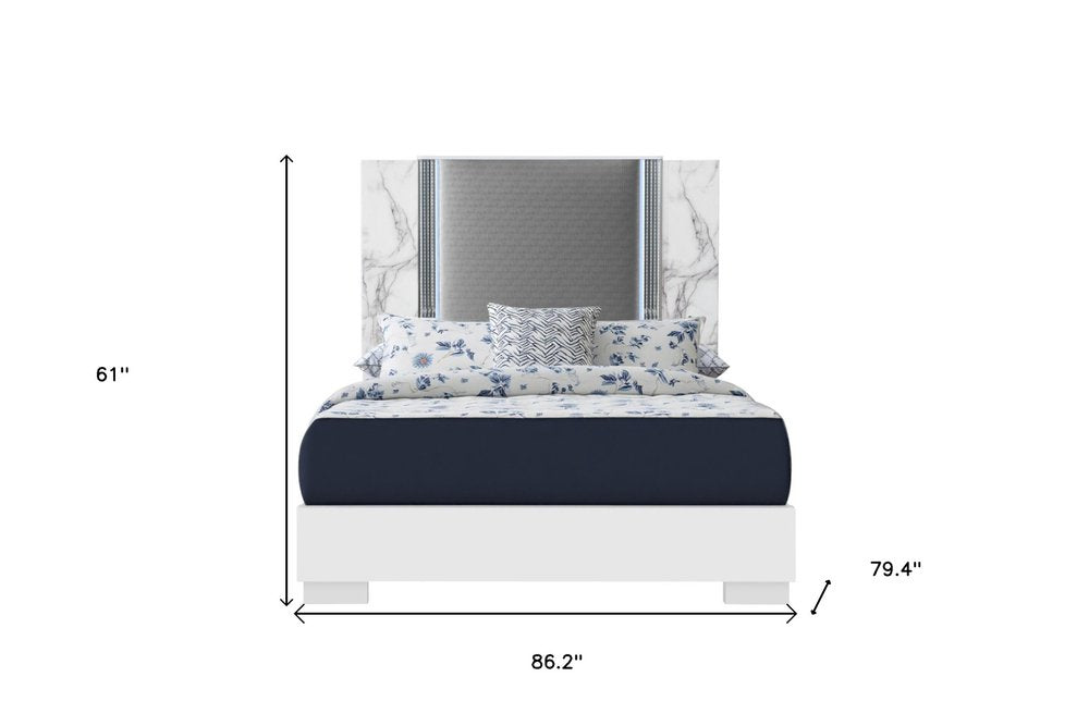 White and Gray Wood And Faux Leather Lighted King Bed Frame