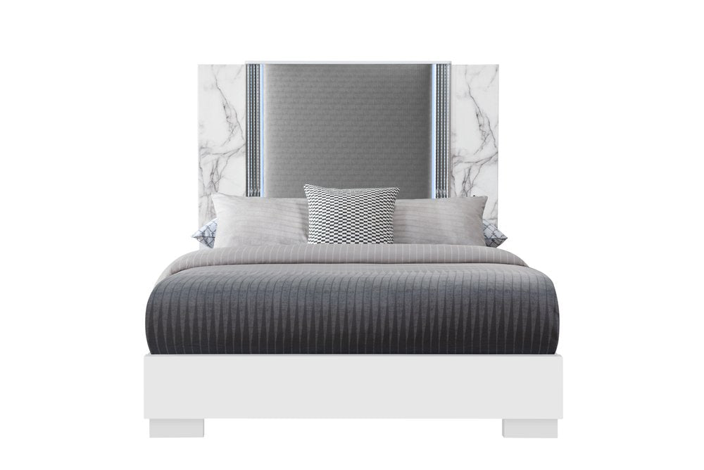 White and Gray Faux Marble And Upholstery Lighted Queen Bed Frame