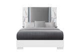 White and Gray Faux Marble And Upholstery Lighted Queen Bed Frame