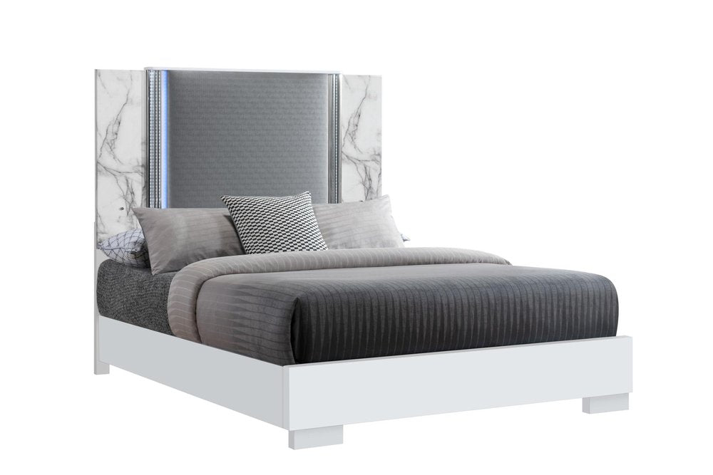 White and Gray Faux Marble And Upholstery Lighted Queen Bed Frame