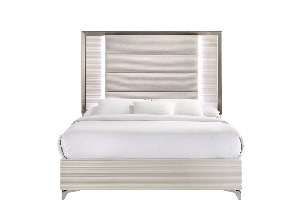 Beige White And Chrome Wood Upholstered Lighted Queen Bed Frame