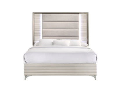 Beige White And Chrome Wood Upholstered Lighted Queen Bed Frame