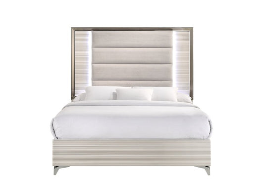 Beige White And Chrome Wood Upholstered Lighted Queen Bed Frame