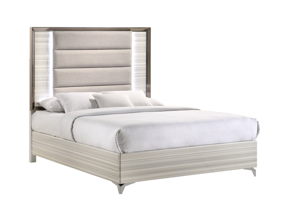 Beige White And Chrome Wood Upholstered Lighted Queen Bed Frame