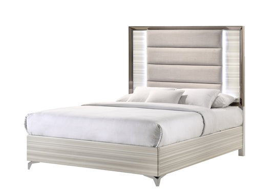 Beige White And Chrome Wood Upholstered Lighted Queen Bed Frame