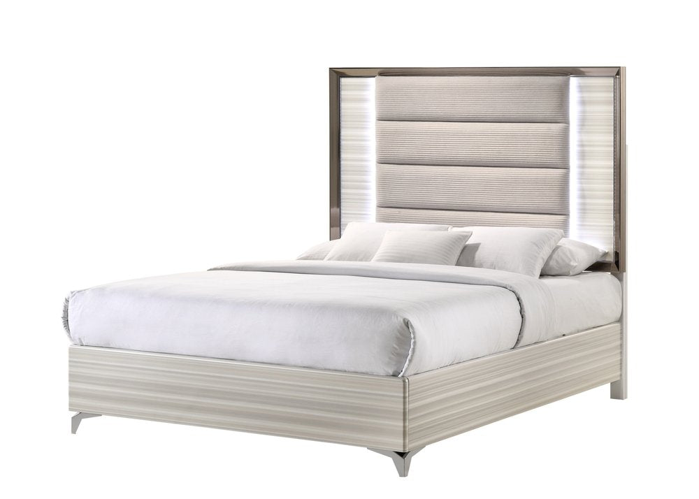 Beige White And Chrome Wood Upholstered Lighted Queen Bed Frame