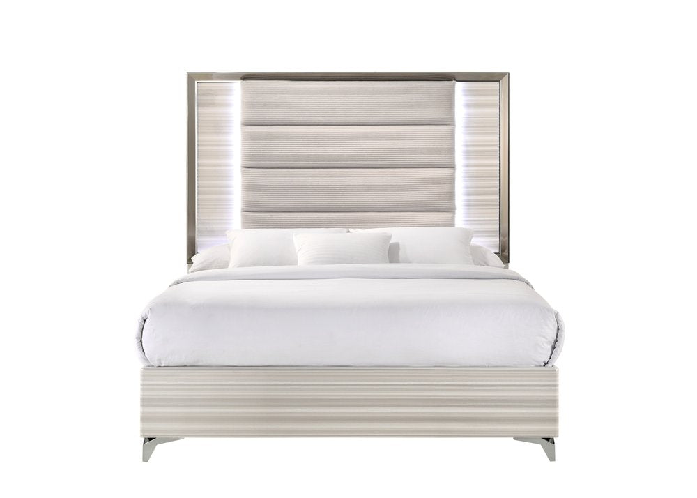 Beige White And Chrome Wood Upholstered Lighted Queen Bed Frame