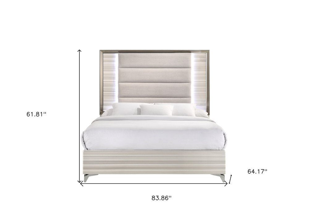 Beige White And Chrome Wood Upholstered Lighted Queen Bed Frame